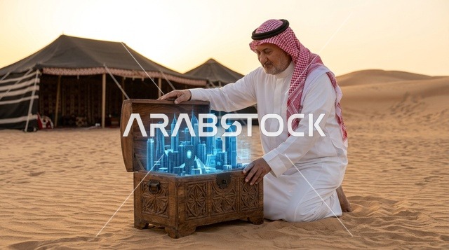 رجل عربي في الصحراء مع مجسم هولوجرام لمدينة مستقبلية