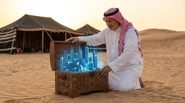 رجل عربي في الصحراء مع مجسم هولوجرام لمدينة مستقبلية