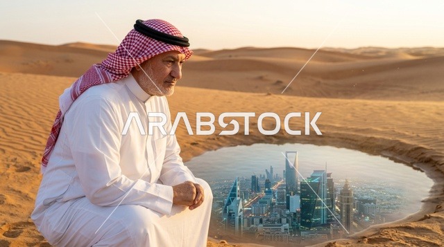 رجل سعودي في الصحراء ينظر إلى رؤية أفق مدينة الرياض