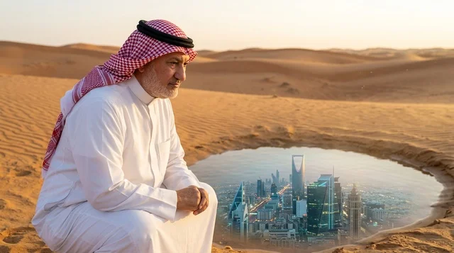 Saudi Man in Desert Looking at Riyadh Skyline Vision