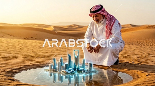 رجل سعودي ينظر إلى مجسم أفق الرياض المستقبلي في الصحراء
