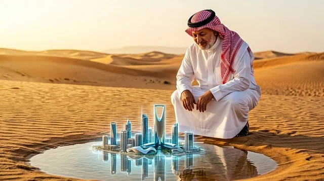 رجل سعودي ينظر إلى مجسم أفق الرياض المستقبلي في الصحراء