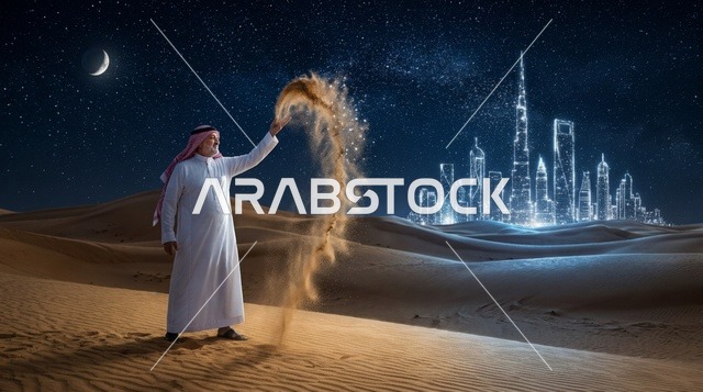 رجل عربي في الصحراء مع أفق مدينة مستقبلية متوهجة