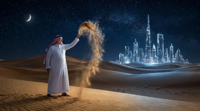 رجل عربي في الصحراء مع أفق مدينة مستقبلية متوهجة
