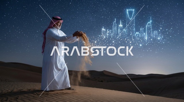 رجل سعودي مع هولوغرام أفق الرياض في الصحراء ليلاً