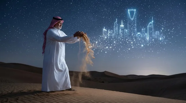 رجل سعودي مع هولوغرام أفق الرياض في الصحراء ليلاً