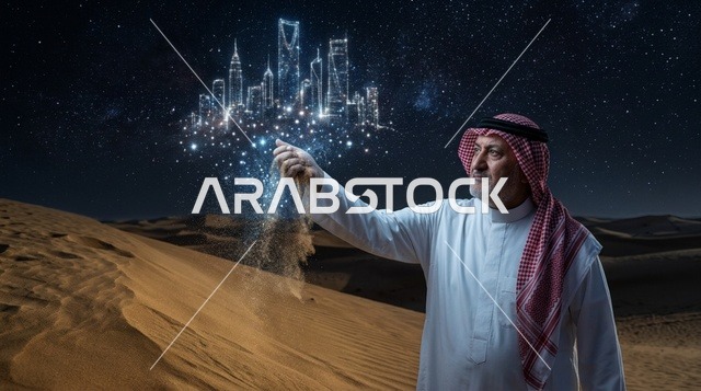 رجل سعودي في الصحراء مع هولوغرام أفق الرياض ليلاً