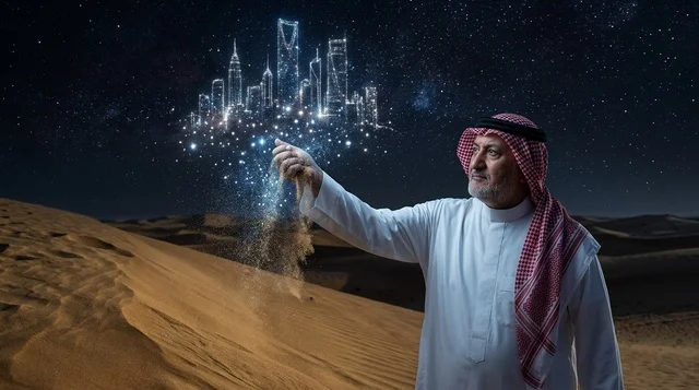 رجل سعودي في الصحراء مع هولوغرام أفق الرياض ليلاً