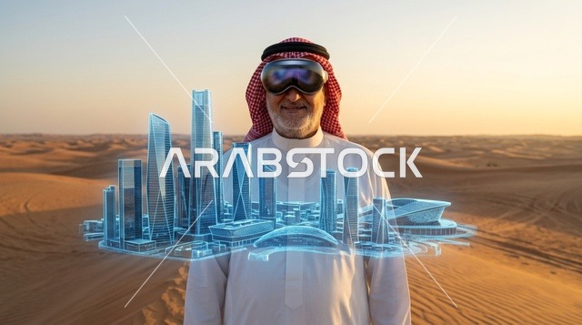 رجل عربي بنظارة واقع افتراضي وهولوغرام لمدينة بالصحراء