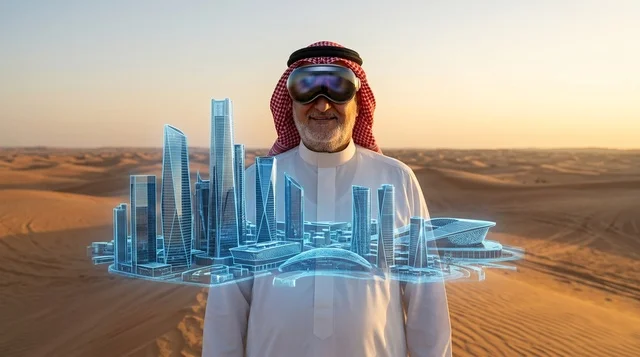 رجل عربي بنظارة واقع افتراضي وهولوغرام لمدينة بالصحراء