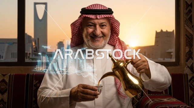 رجل سعودي يصب القهوة العربية مع هولوغرام الرياض