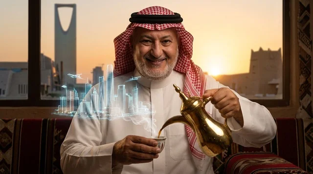 رجل سعودي يصب القهوة العربية مع هولوغرام الرياض