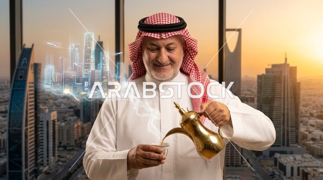 رجل أعمال سعودي يصب القهوة العربية أمام أفق الرياض