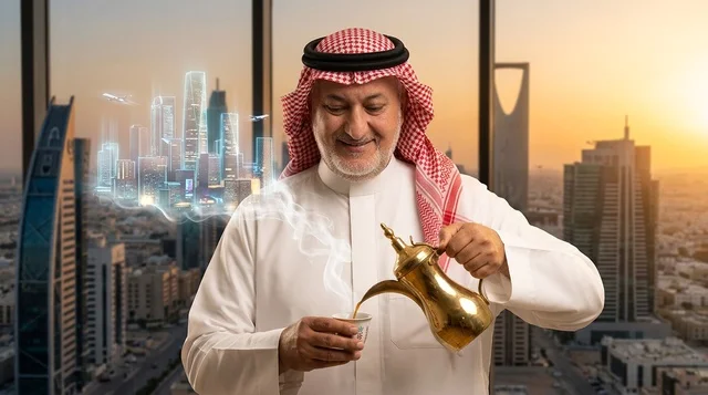 رجل أعمال سعودي يصب القهوة العربية أمام أفق الرياض