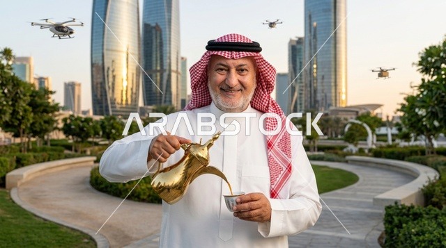 رجل سعودي يصب القهوة العربية في مدينة مستقبلية ذكية