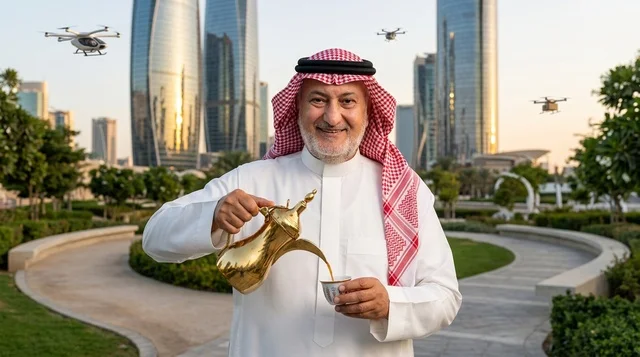 رجل سعودي يصب القهوة العربية في مدينة مستقبلية ذكية