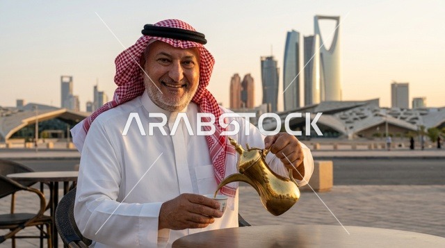 رجل سعودي يصب قهوة عربية خلفية أفق الرياض وقت الغروب
