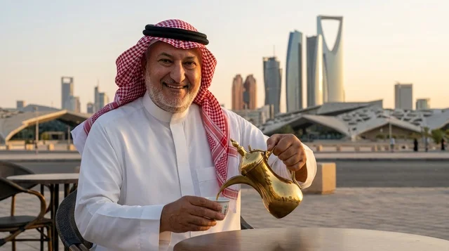 رجل سعودي يصب قهوة عربية خلفية أفق الرياض وقت الغروب