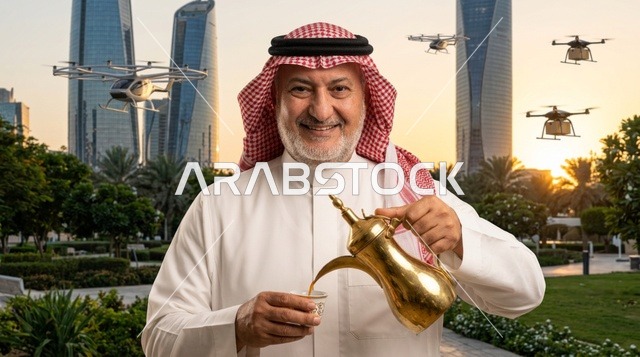 رجل سعودي يصب القهوة العربية في الرياض المستقبلية
