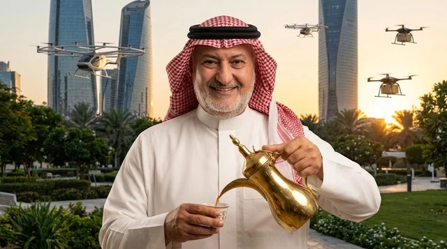 رجل سعودي يصب القهوة العربية في الرياض المستقبلية