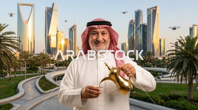 Saudi Man with Arabic Coffee Riyadh Skyline Sunset