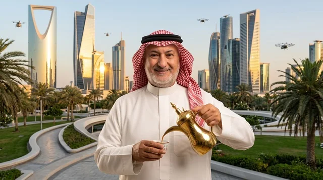 Saudi Man with Arabic Coffee Riyadh Skyline Sunset