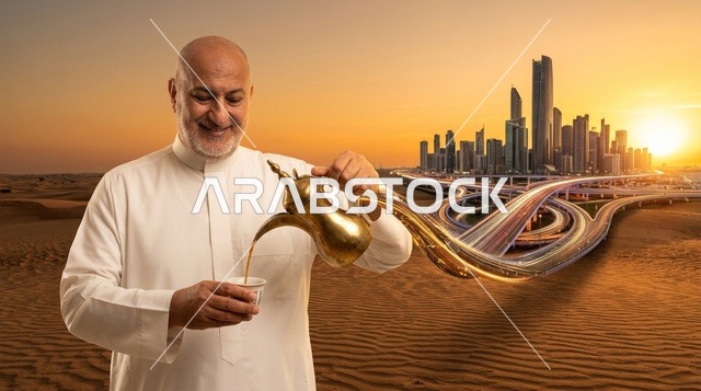 رجل عربي يرتدي الثوب يصب القهوة بين الصحراء والمدينة
