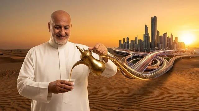 رجل عربي يرتدي الثوب يصب القهوة بين الصحراء والمدينة