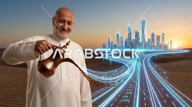 رجل عربي يصب القهوة العربية نحو مدينة رقمية مستقبلية