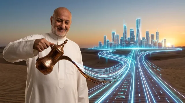 رجل عربي يصب القهوة العربية نحو مدينة رقمية مستقبلية