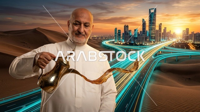 رجل سعودي يسكب القهوة العربية أمام أفق مدينة الرياض