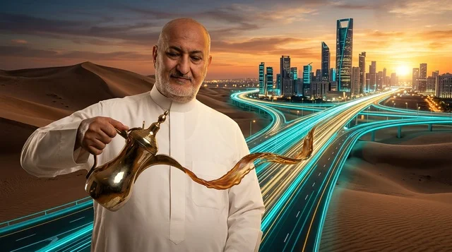 رجل سعودي يسكب القهوة العربية أمام أفق مدينة الرياض
