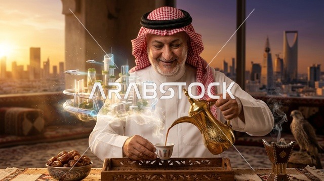 رجل سعودي مع مجسم مدينة الرياض المستقبلية وقت الغروب