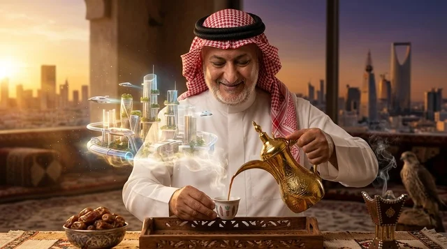 رجل سعودي مع مجسم مدينة الرياض المستقبلية وقت الغروب