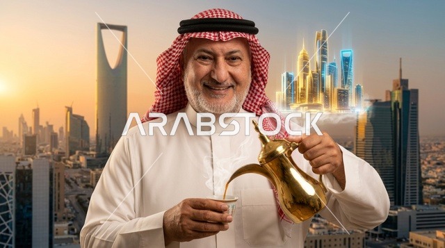 رجل سعودي يسكب القهوة العربية في الرياض وقت الغروب