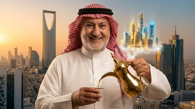 رجل سعودي يسكب القهوة العربية في الرياض وقت الغروب