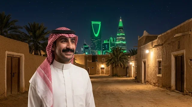 رجل سعودي في قرية تراثية مع أفق مدينة الرياض ليلاً