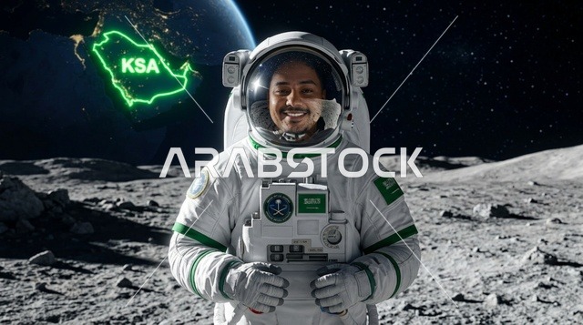 رائد فضاء سعودي على سطح القمر مع خلفية كوكب الأرض