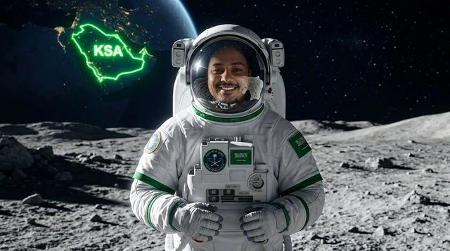 رائد فضاء سعودي على سطح القمر مع خلفية كوكب الأرض