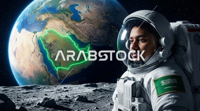 رائد فضاء سعودي على سطح القمر ينظر إلى كوكب الأرض