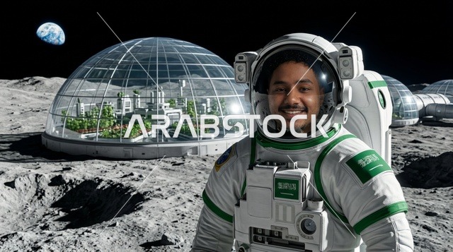رائد فضاء سعودي على سطح القمر بجانب قبة حيوية زجاجية