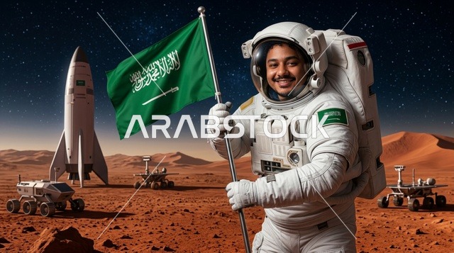 رائد فضاء سعودي على المريخ يحمل العلم الوطني