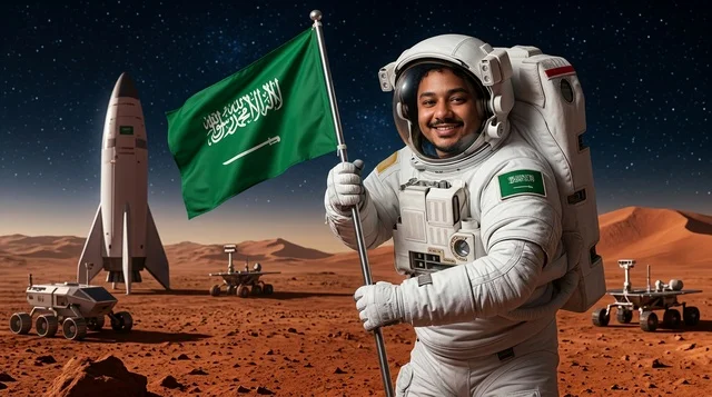 رائد فضاء سعودي على المريخ يحمل العلم الوطني