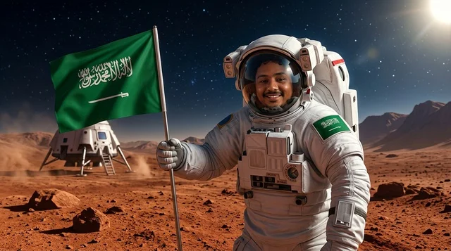 Saudi Astronaut Holding National Flag on Mars Planet