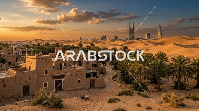 أفق مدينة الرياض الحديث والقرية التراثية الطينية عند الغروب