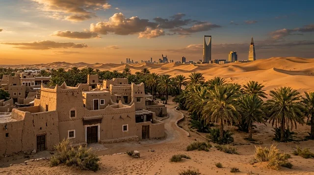 أفق مدينة الرياض الحديث والقرية التراثية الطينية عند الغروب