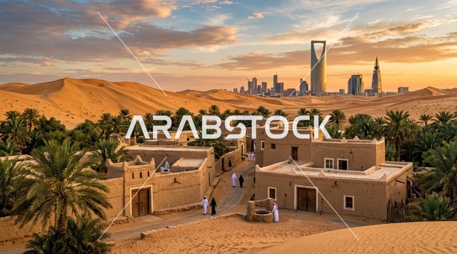 أفق مدينة الرياض مع القرية التراثية الطينية في الصحراء