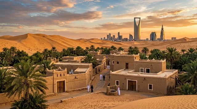 أفق مدينة الرياض مع القرية التراثية الطينية في الصحراء