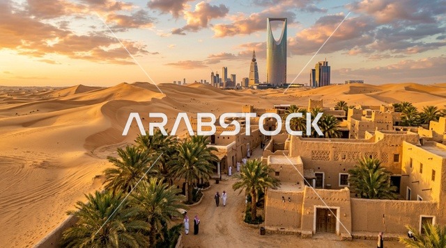 أفق مدينة الرياض والقرية التراثية في الصحراء عند الغروب