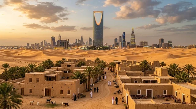 أفق مدينة الرياض والقرية التراثية الطينية عند الغروب